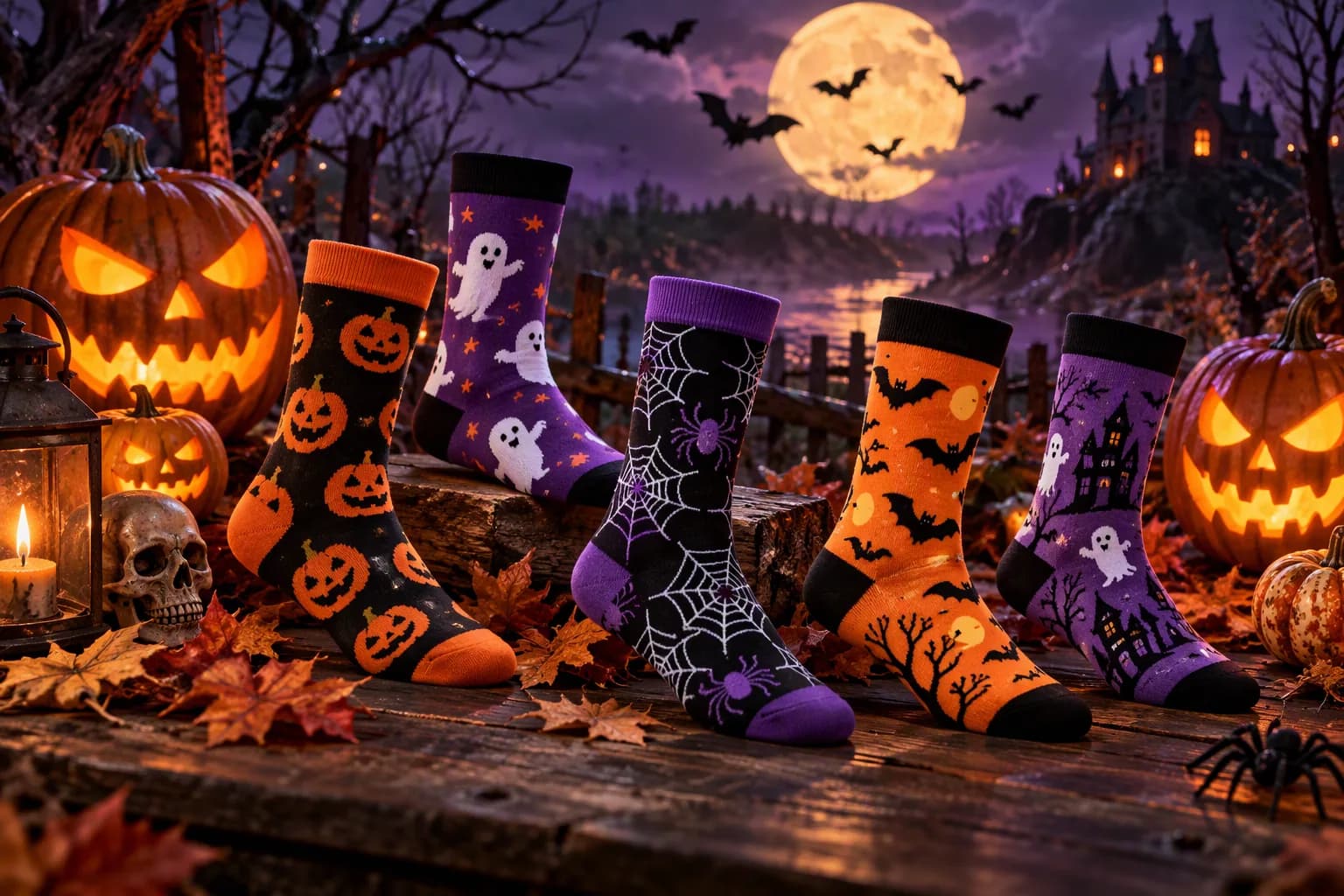 Halloween custom socks with pumpkins, ghosts, and spider webs under a full moon